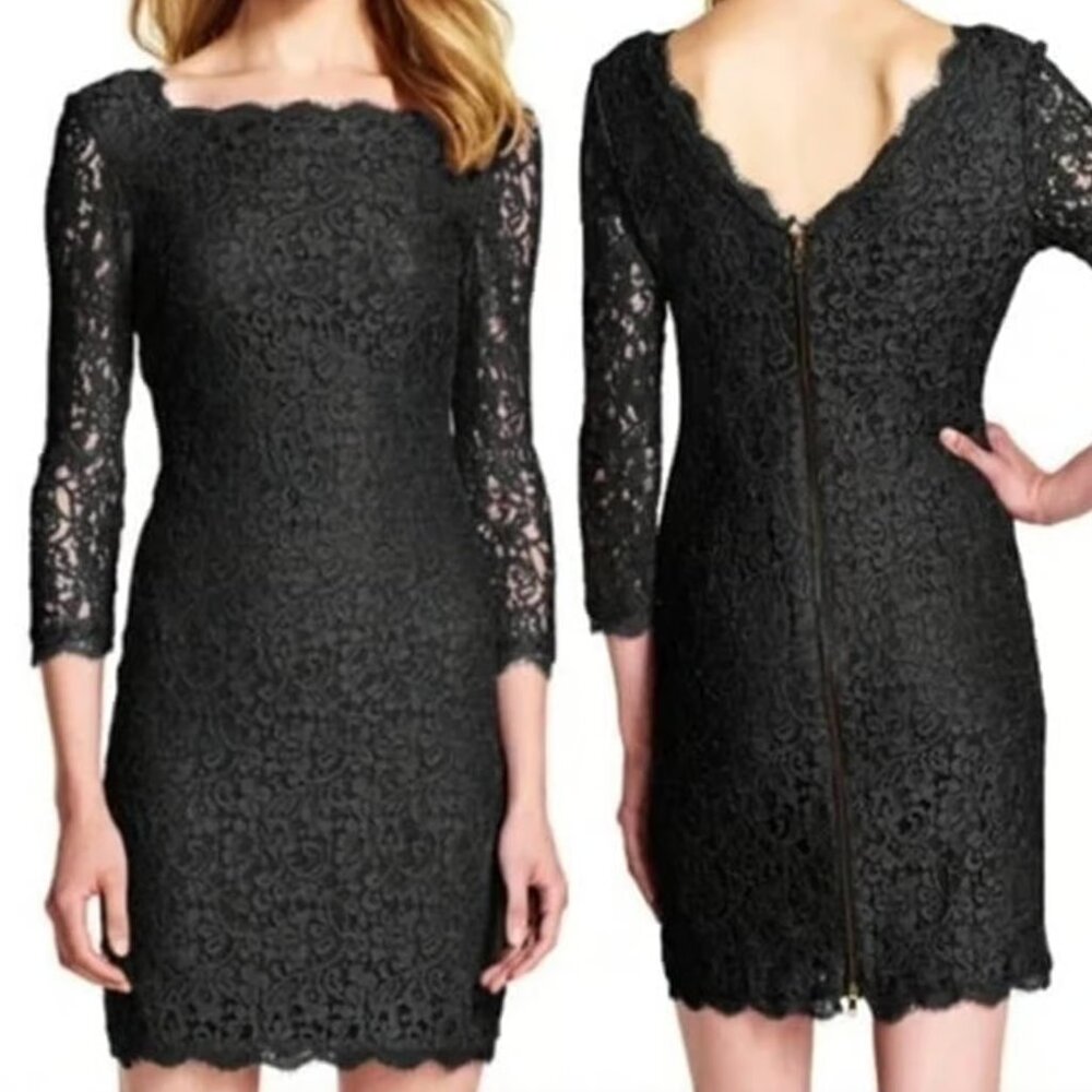 ADRIANNA PAPELL Black Lace Square Neck / V V-Neck Back 3/4 Sleeve Sheath Dress 4